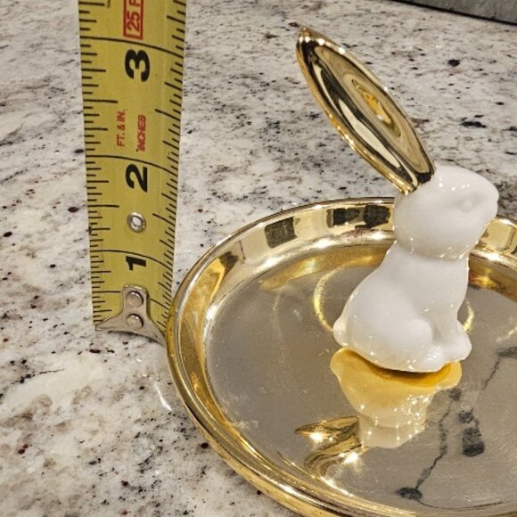 Porcelain Bunny Rabbit Ring Holder Trinket Dish White Gold - Picture 3 of 6